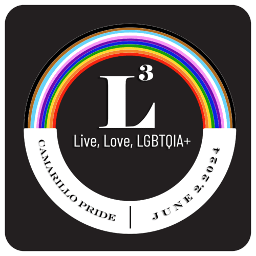 L3 logo with the slogan "Live, Love, LGBTQIA+" is encircled by a rainbow arc. Text at the bottom reads "CAMARILLO PRIDE" and "JUNE 2, 2024". The background is black.