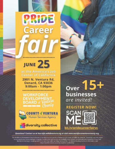 Flyer for the PRIDE Career Fair on June 25 at America's Job Center of California in Oxnard. Over 15 businesses participating. Registration details and QR code included. Hosted by Ventura County agencies.