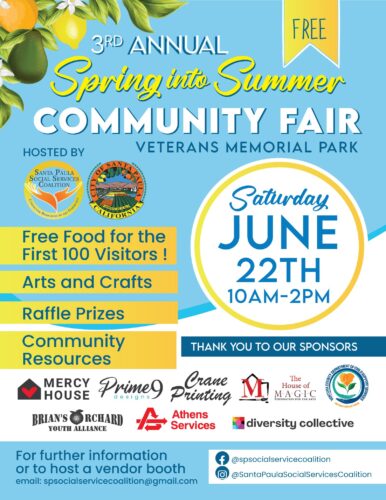 Flyer for the 3rd Annual Spring into Summer Community Fair at Veterans Memorial Park on June 22nd, 10 AM to 2 PM, featuring free food for the first 100 visitors, arts and crafts, raffle prizes, and community resources.