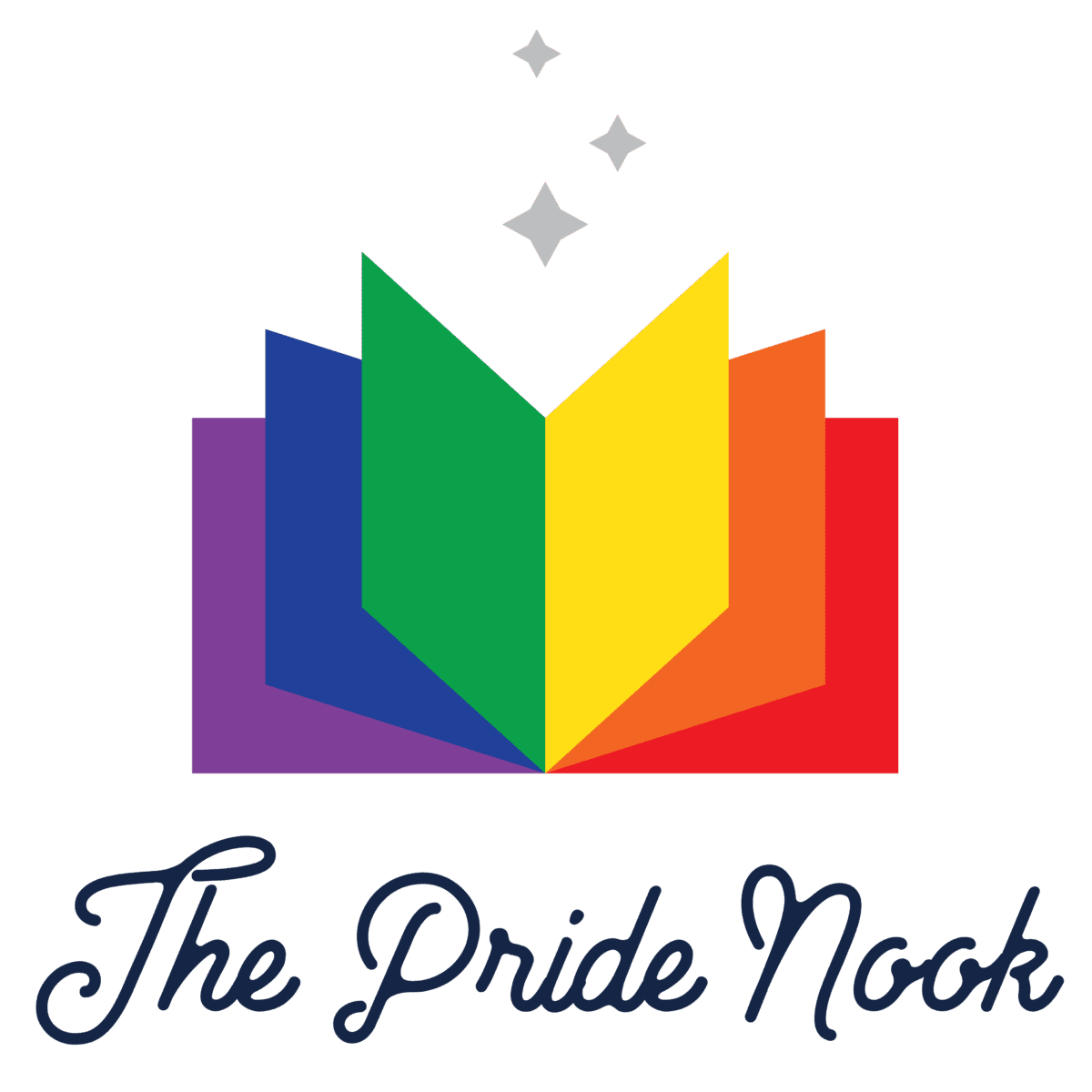 A logo of an open book with rainbow-colored pages and sparkles above it, accompanied by the text "The Pride Nook" in cursive at the bottom.