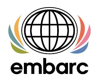 A black globe with intersecting lines above the word "embarc" in lowercase letters. Four colorful curved lines, two on each side, accent the globe.