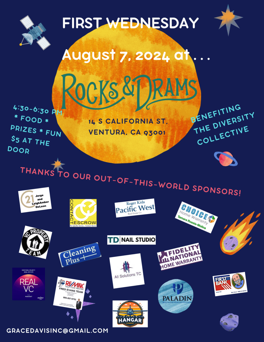 Flyer for “First Wednesday” event on August 7, 2024, at Rocks & Drams, Ventura, CA, benefiting The Diversity Collective. Includes sponsor logos, event details, and contact email. .