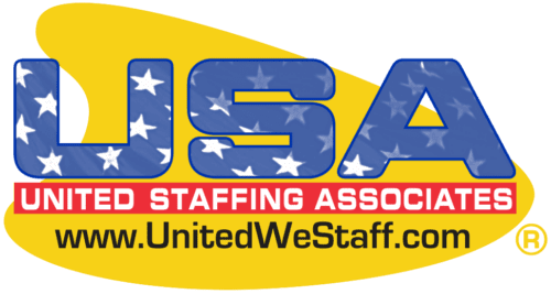 Logo of United Staffing Associates with the acronym "USA" patterned with stars, a yellow background, and the website address www.UnitedWeStaff.com.