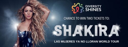 Advertisement for a contest to win tickets to Shakira's "Las Mujeres Ya No Lloran" world tour, presented by Diversity Shines, featuring a photo of Shakira on the left.