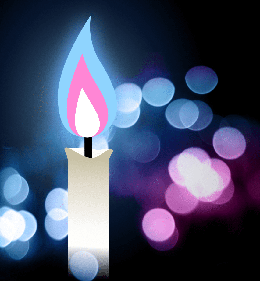 A candle with a blue and pink flame flickers in tribute against a backdrop of blue and pink bokeh lights, embodying the spirit of Transgender Day of Remembrance.